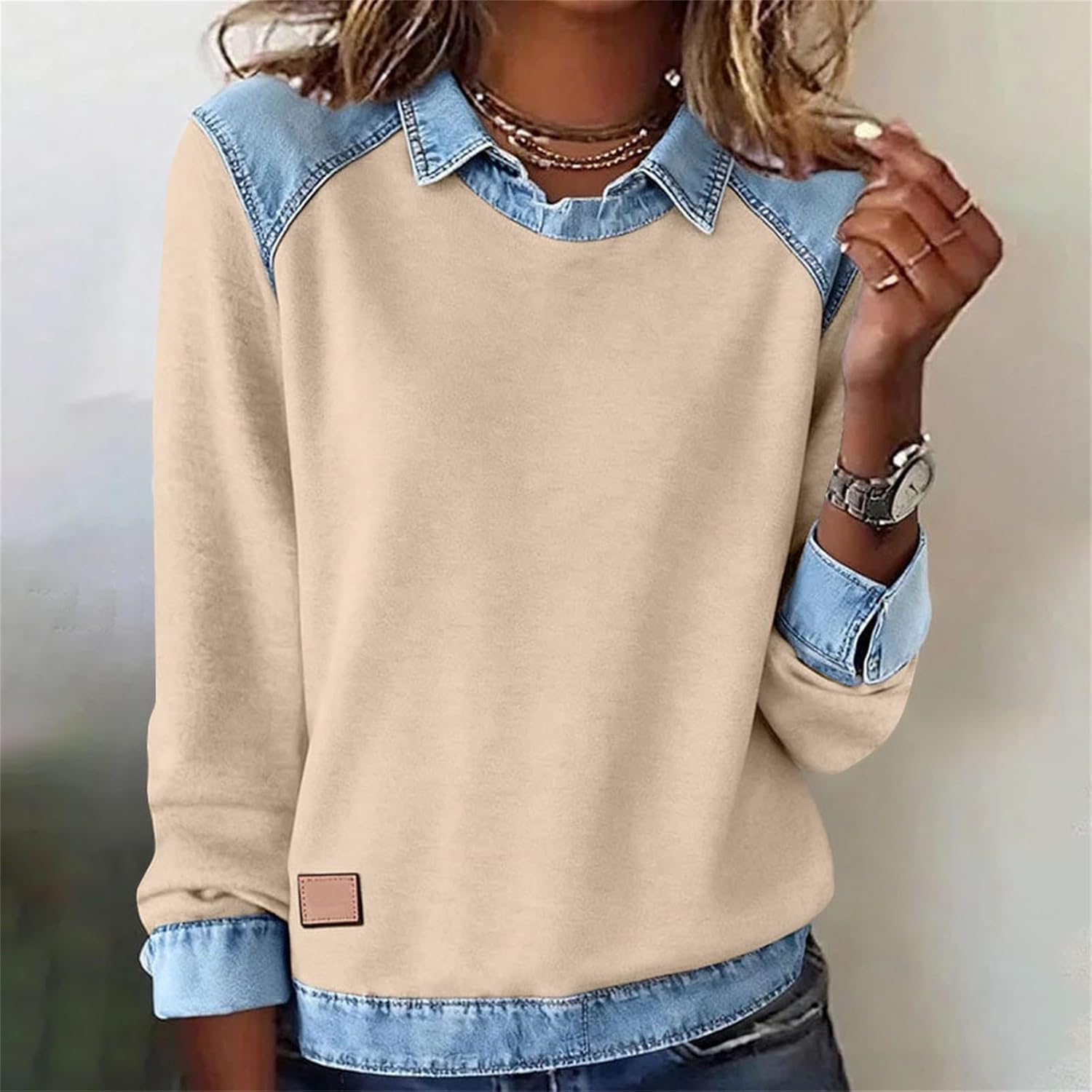 Denim Shirt for Women Collar Jean Long Sleeve Pullover Shirts Knit Cute Tops Vintage Waffle Casual Plus Size Sweater - Image 2
