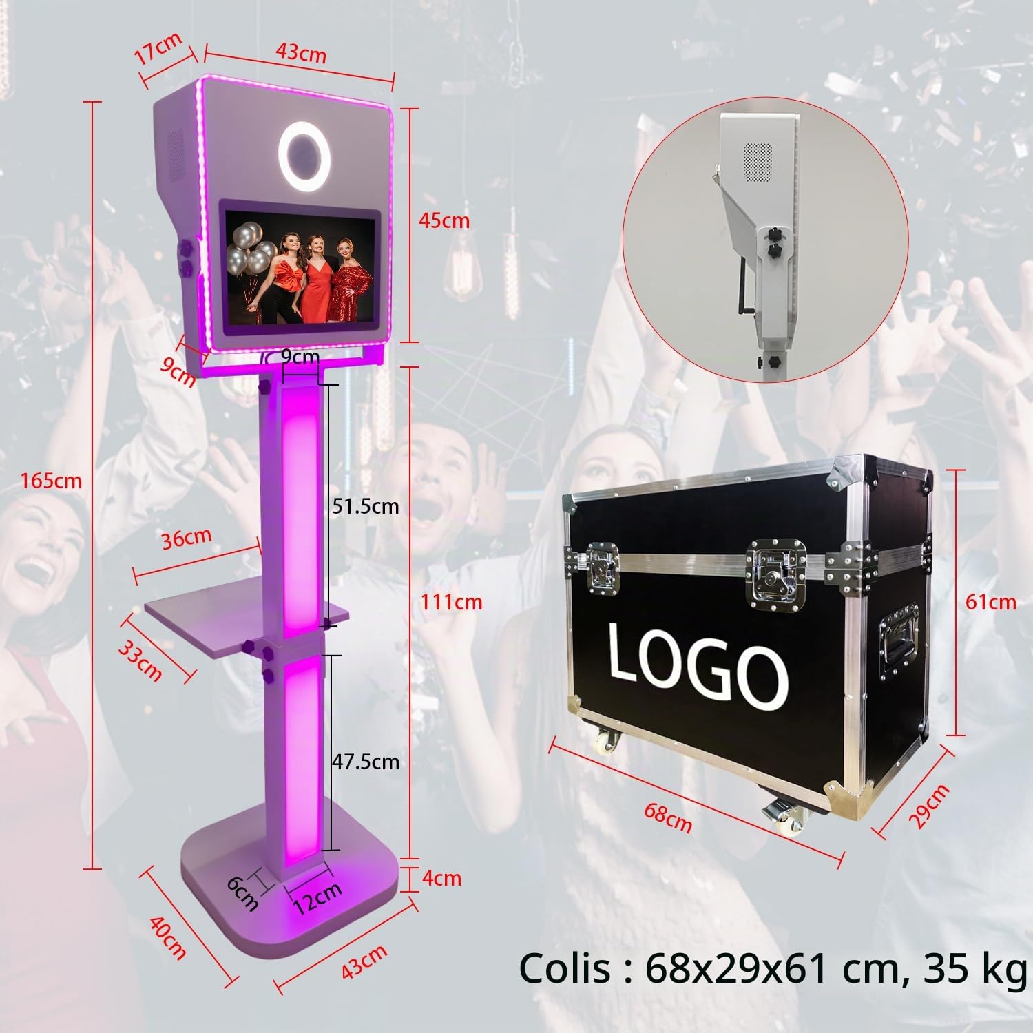 Cabine photo portable avec miroir pour appareil photo avec écran tactile de 15,6 pouces, appareil photo reflex numérique avec étui de transport pour fête de mariage (machine noire)