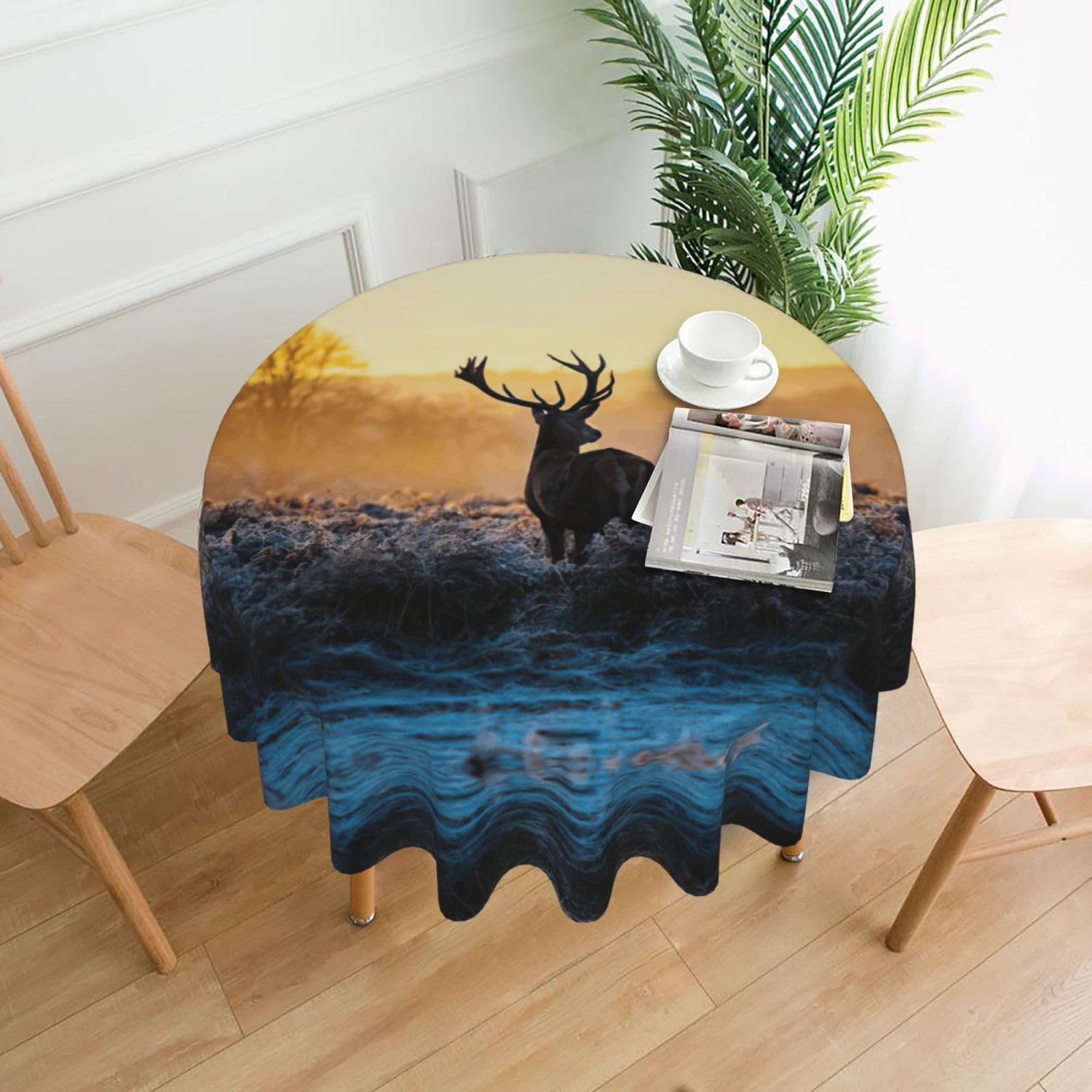 Zcmkjlg Landscape Deer Print Quick Ship Round Tablecloth 60in Polyester Washable Cover for Dining Room