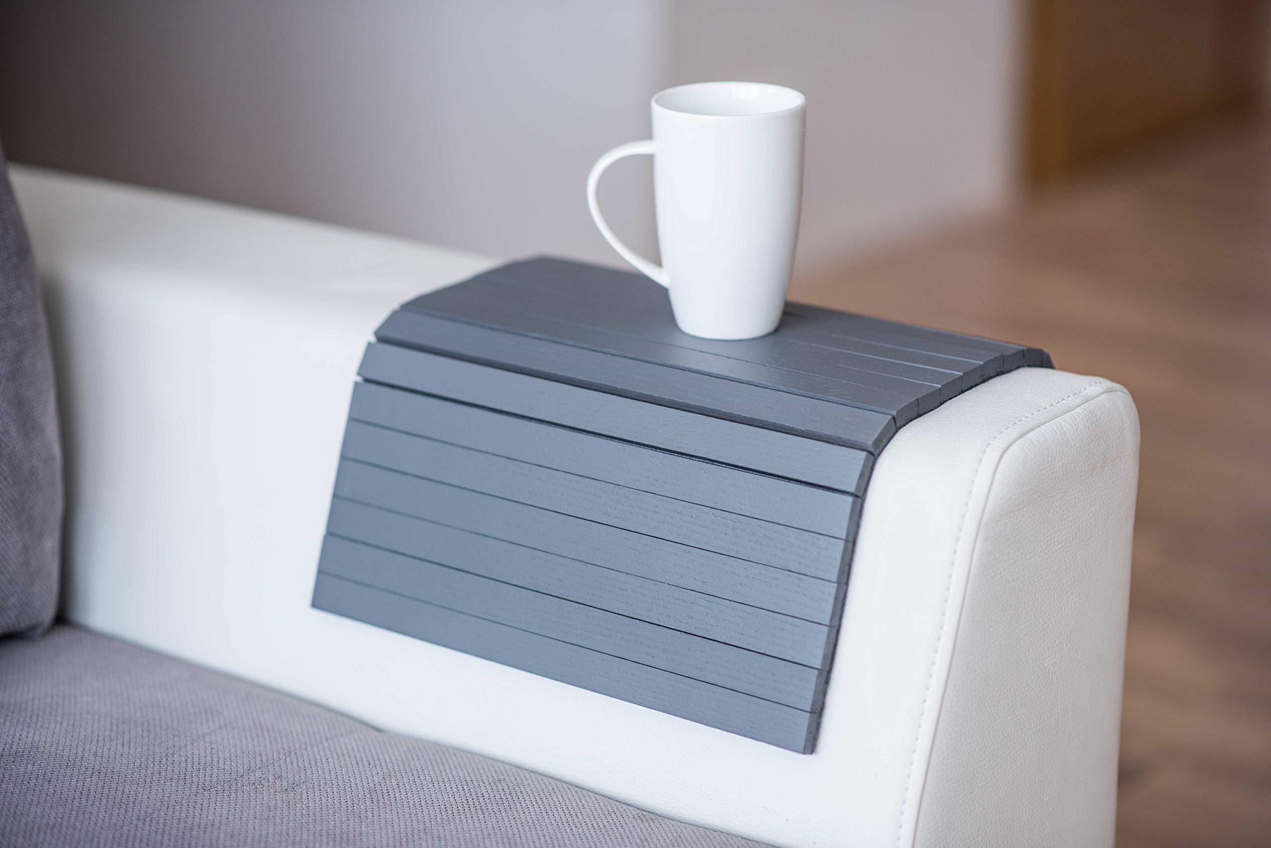 EWART WOODS Sofa arm Tray Table Couch Bedside holder Wood Coffee Cup Foldable Protector mat tv Chair armrest desk Trays for living room (Grey)