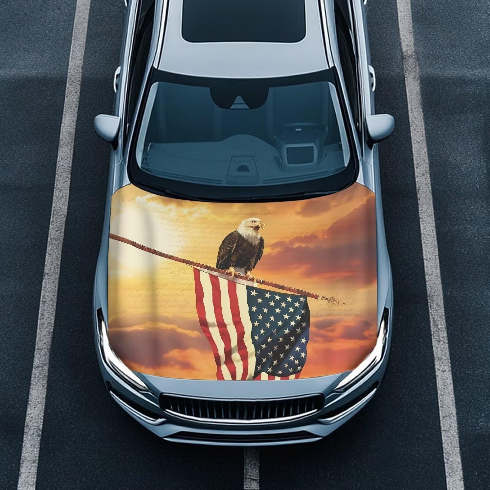 Car Hood Cover Elastic Polyester Hood Wrap Patriotic Car Decor Exterior Accessories Eagle and American Flag Washable Universal Hood Covers for SUV Sedan