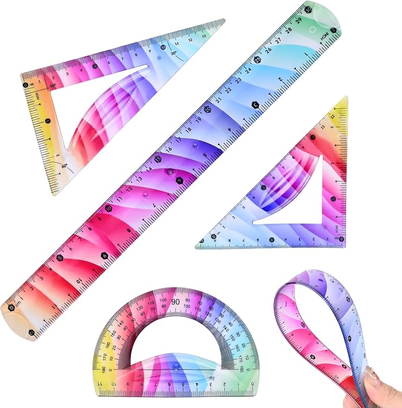 Juego de reglas flexibles de 4 piezas, kit de geometría, reglas flexibles (12 pulgadas) | Reglas suaves irrompibles de plástico de colores, 30 cm/ 12 pulgadas, reglas triangulares y transportador para útiles escolares
