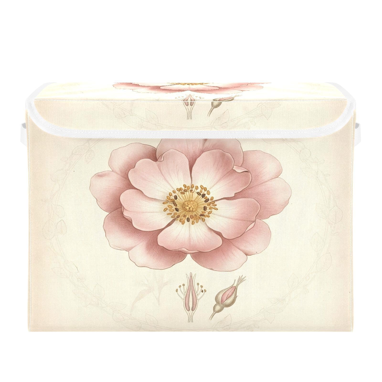 Ewusp Flowers Fabric Storage Bin with Lid, Decorative Foldable Storage Basket with Handles, Stackable Closet Shelf Organiser Box for Clothes, Books, Bedroom, Living Room