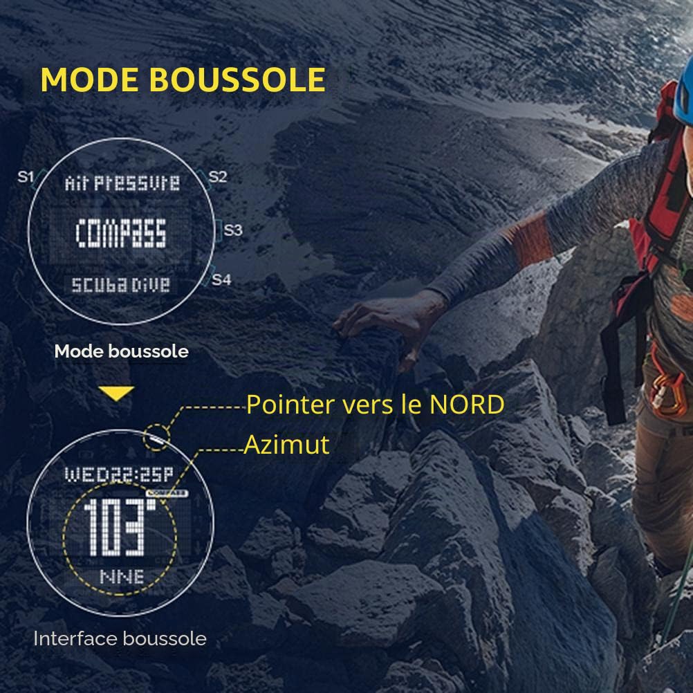 Montre numérique de sport pour homme – Montre de sport d'extérieur étanche avec altimètre, baromètre, boussole et thermomètre, montre de plongée militaire de 100 m, tracker d'activité