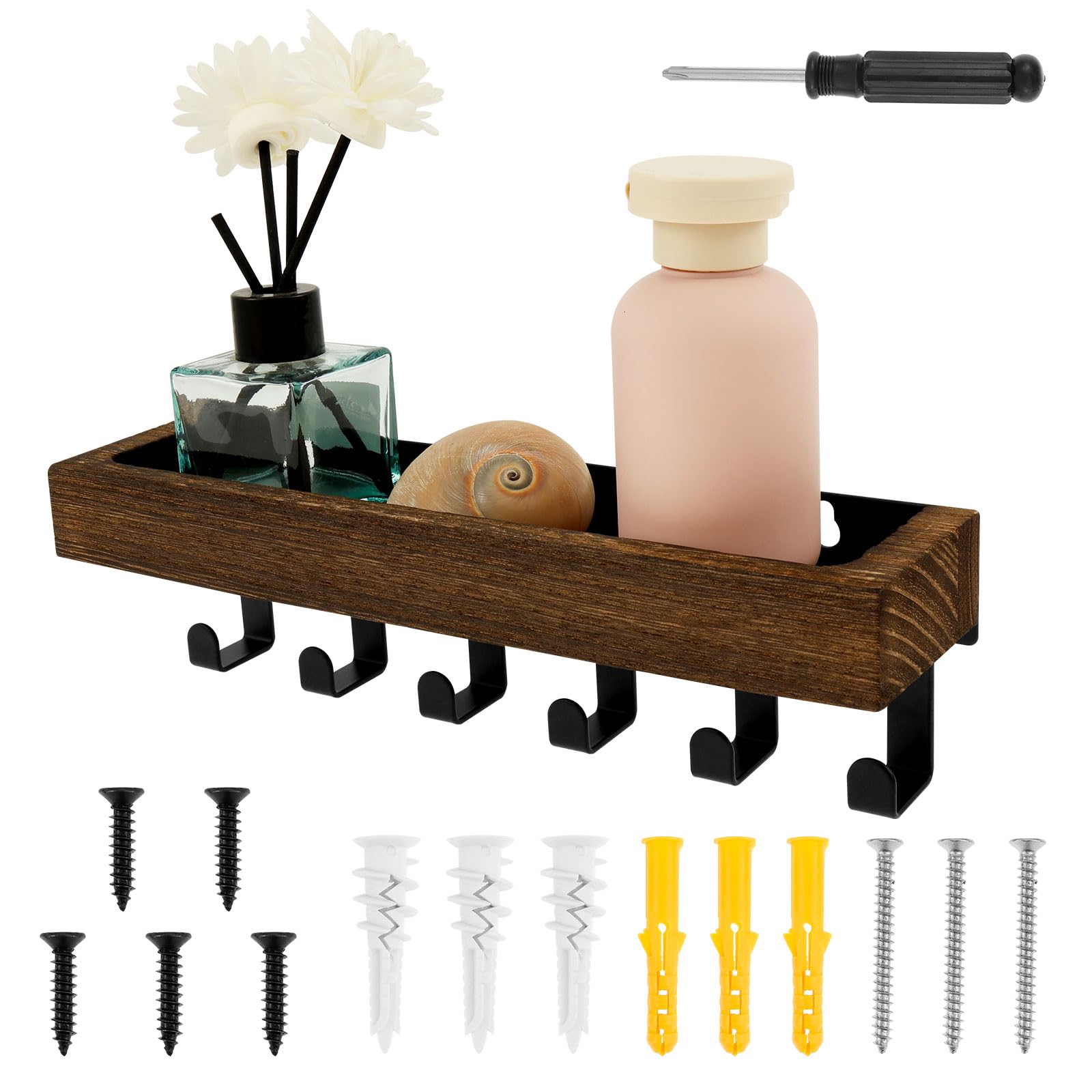 NZWBSHSSP Key Holder Wall Mounted Key Hooks with Mail Organizer 6-Hooks Keys Hanger Racks with Wood Tray for Hallway, Entryway, Bedroom, Mudroom, Office Decor(Brown)