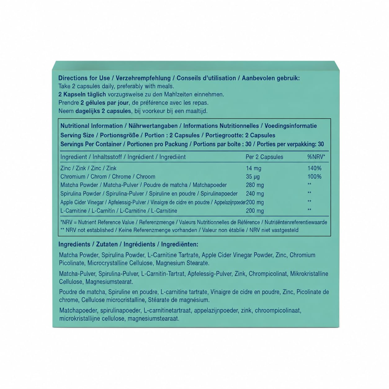 Complément Alimentaire avec Zinc, Chrome, Vinaigre de Cidre, L-Carnitine, Matcha et Spiruline – 60 Gélules