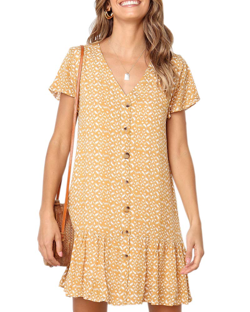 Imysty Womens Summer Polka Dot V Neck Button Down Loose Mini Dress