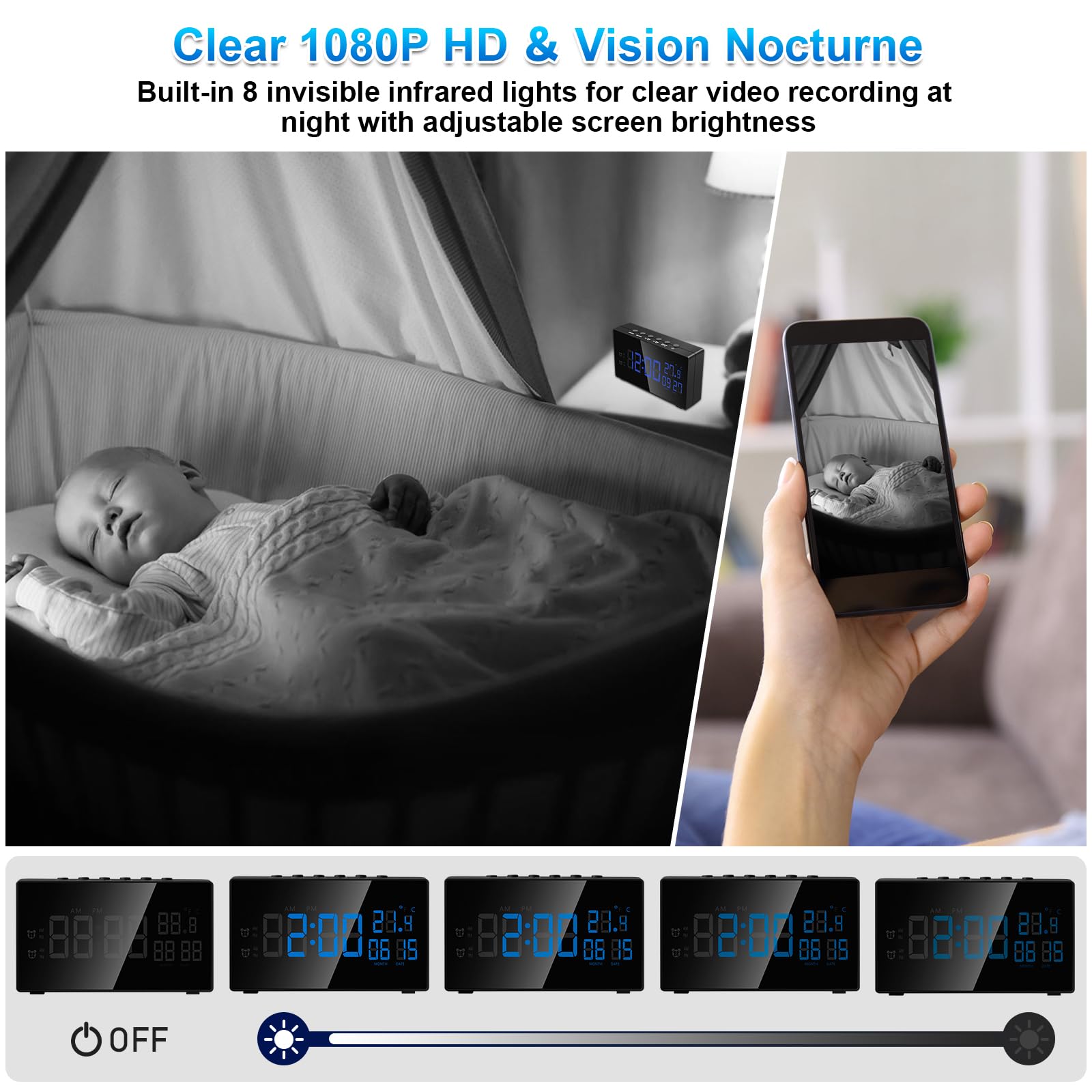 Telecamera Nascosta WiFi HD 1080P Mini Telecamera 2.4 / 5G Telecamera Wifi Spy Cam Senza Fili ,Telecamera Spia Sveglia e Schermo Multifunzione Supporto Visione Notturna Rilevamento del Movimento