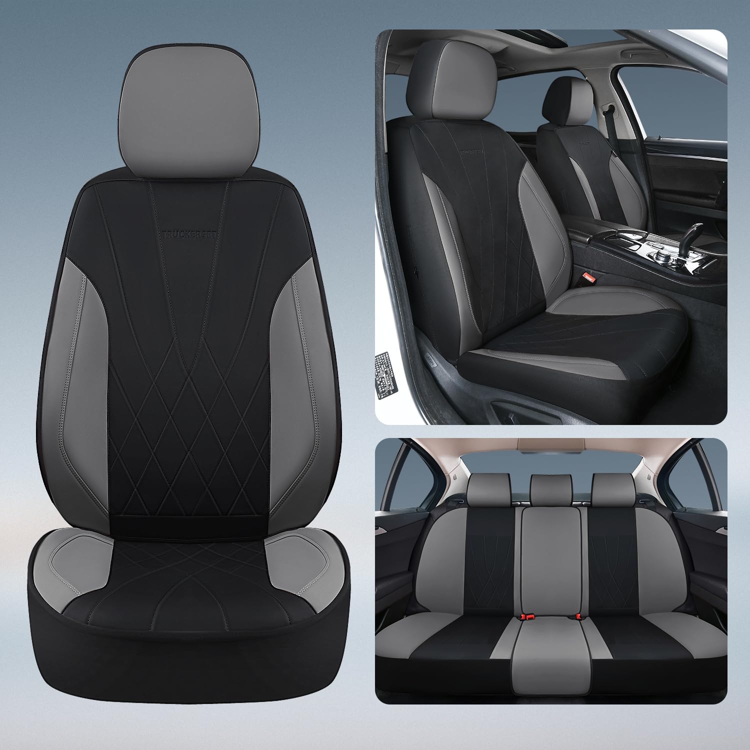 Car Seat Covers Full Set, Leather Car Seat Cushion, Ultra-Thin Breathable Materials, Suitable for Most Car SUV/Truck/Sedan/Automotive (Gray + Black, Five-Piece)