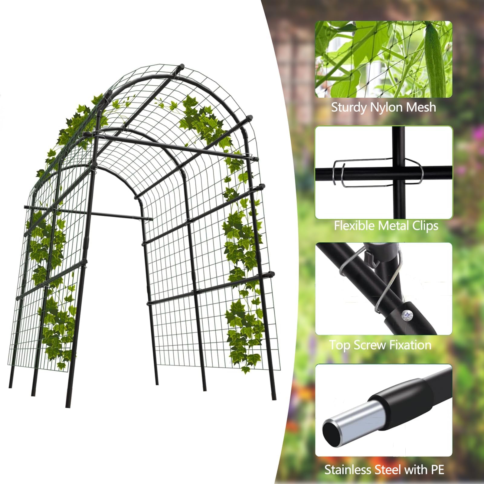 Treillis De Jardin en Métal PE, Haut 230CM, Arche Potager avec Clip en Croix, Support Plante Grimpante Extérieur, Treillis Potager pour Concombres Tomates Pois, Tubes Transversaux 7