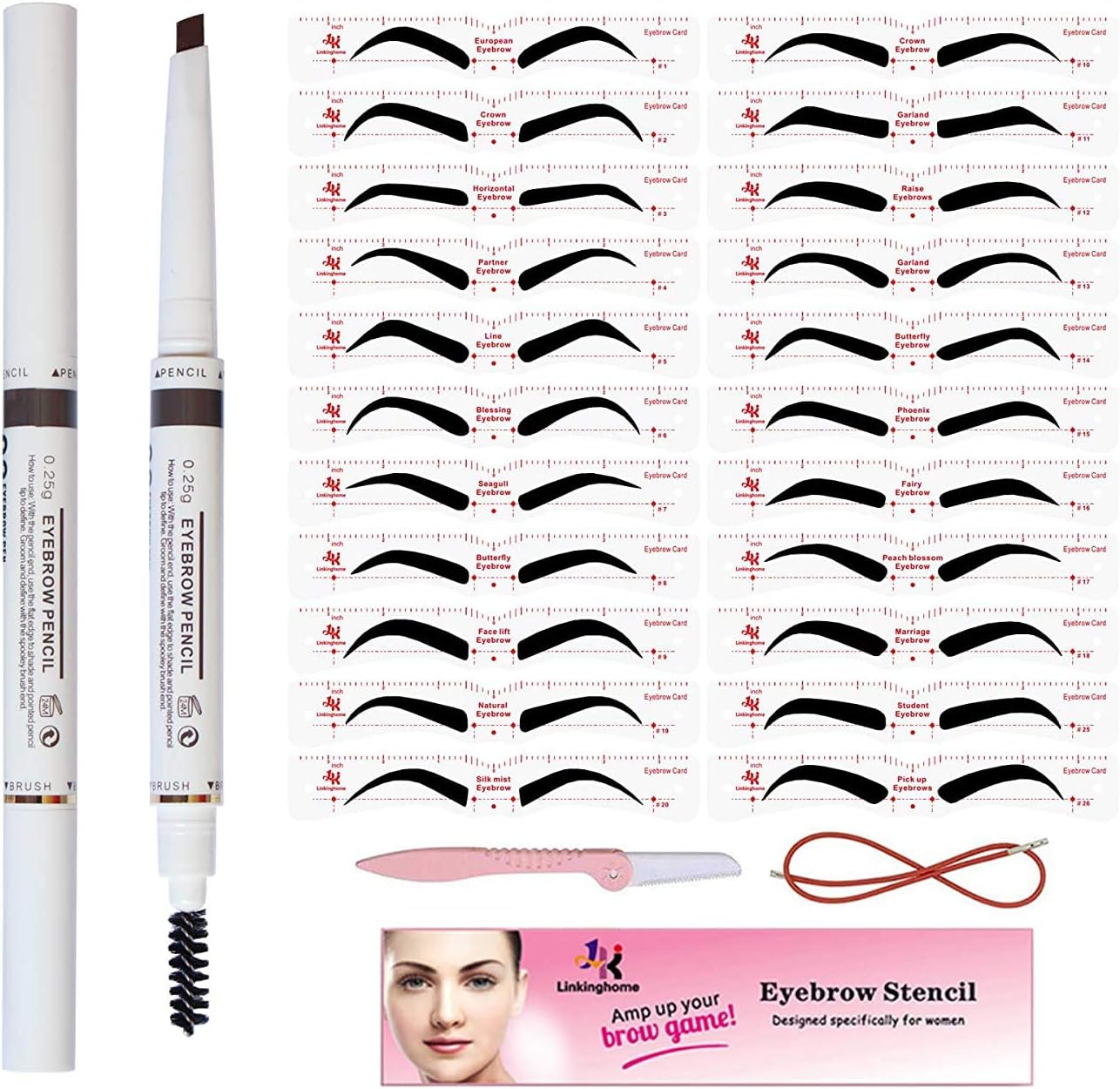 Eyebrow Stencil & Eyebrow Pencil, 30 Eyebrow Shaper Kit, Reusable Eyebrow Template With Strap & Eyebrow Razor, Waterproof Eyebrow Pen, 3 Minutes Makeup, Suitable for 98%