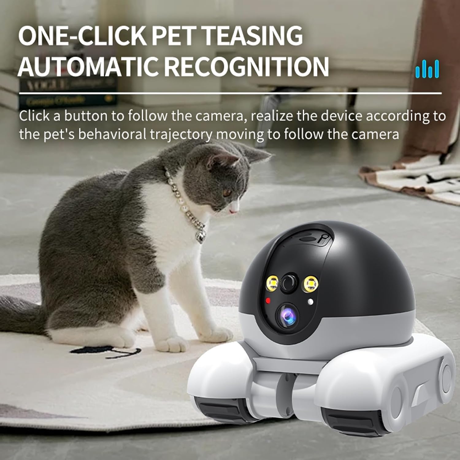 Robot de Caméra, Caméra pour Animaux de Compagnie à Double Objectif 1080p, de sécurité Intérieure WiFi, Suivi du Mouvement, Conversation à Deux Voies, Contrôle des