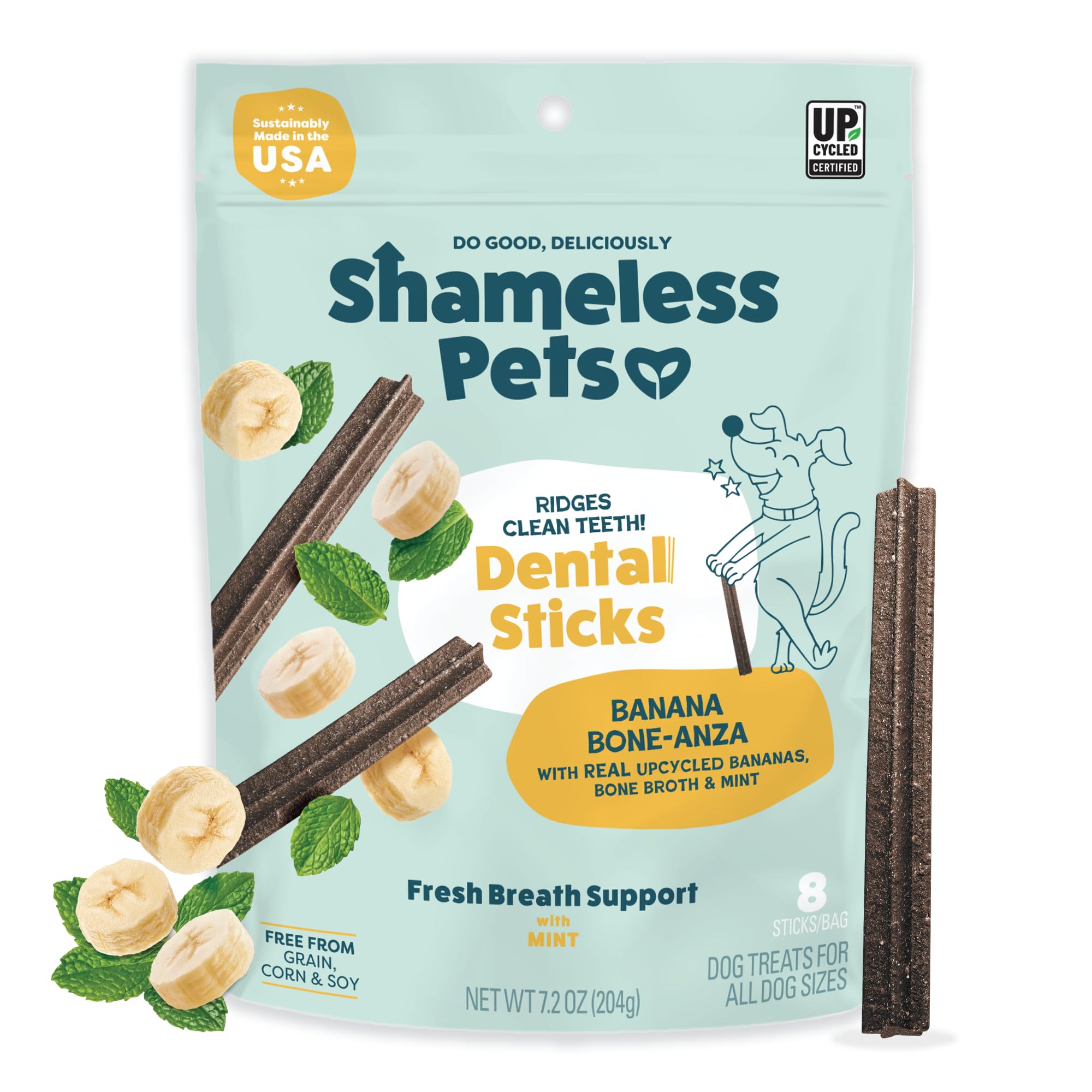 Shameless Pets Dental Treats for Dogs, Banana Bone-Anza - Healthy Dental Sticks with Hip &amp; Joint Support for Teeth Cleaning &amp; Fresh Breath - Chews Free from Grain, Corn &amp; Soy