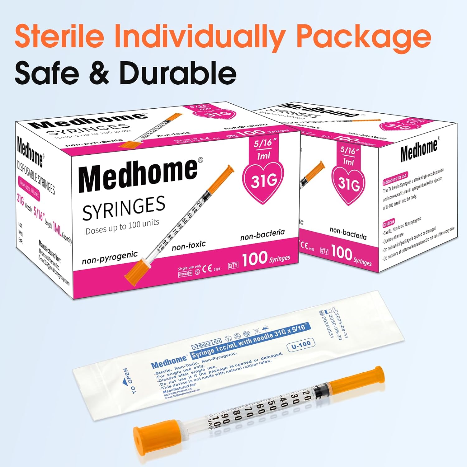 1ml 31G 5/16 Inch 8mm Syringe, Lab Syringes Individually Wrapped, Pack of 100