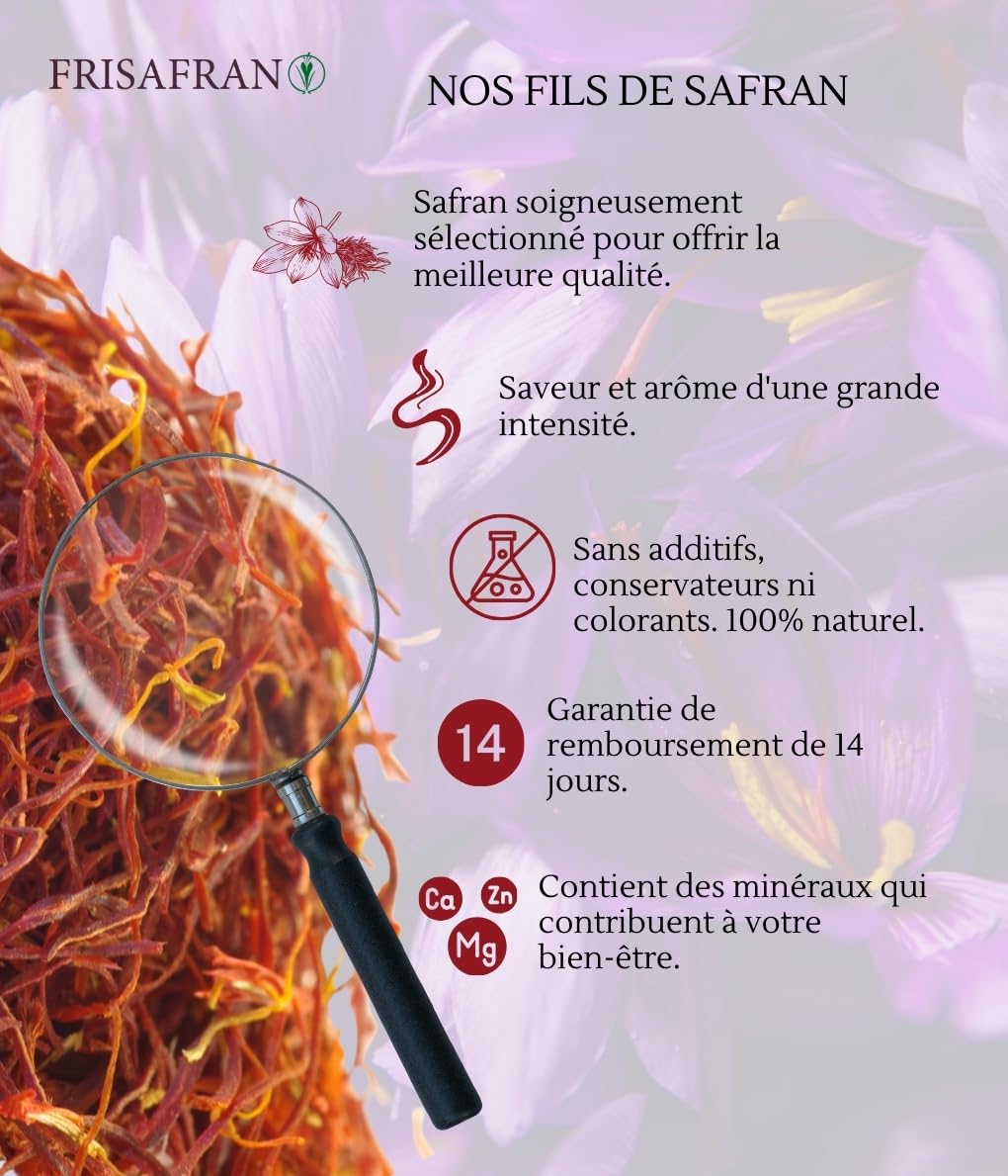 FRISAFRAN | Safran Filaments 10g | safran en pistils | Fil de Safran | Safran | Safran Bio | Safran Biologique | Safran Pistil | Sans Colorant ni Conservateur | épice certifiée | Safran naturel