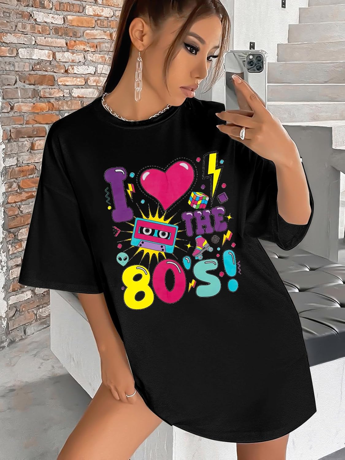 Oversized 80s Outfits for Women I Love The 80s Shirt Vintage neon Shirts for Birthday Party Gift Casual Short Sleeve Top - Image 4