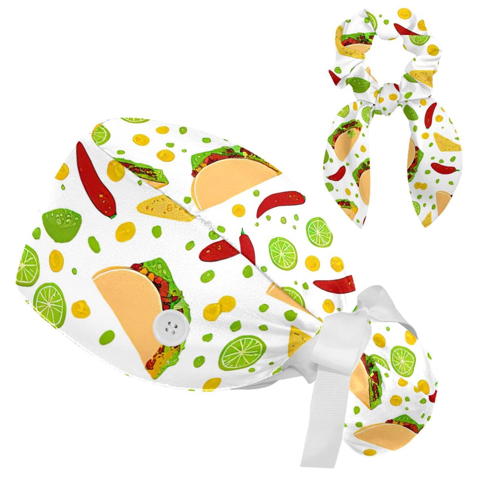 Scrub Caps Women, Surgical Caps with Ponytail Pouch and Buttons, Nurse Bouffant Adjustable, with Bow Hair Scrunchy, Taco Mexican Food Lime Chili