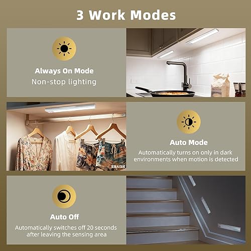 Miniatura 6 de Iluminación para debajo del gabinete, paquete de 4 luces con sensor de movimiento para interiores, luces magnéticas inalámbricas recargables por Luz