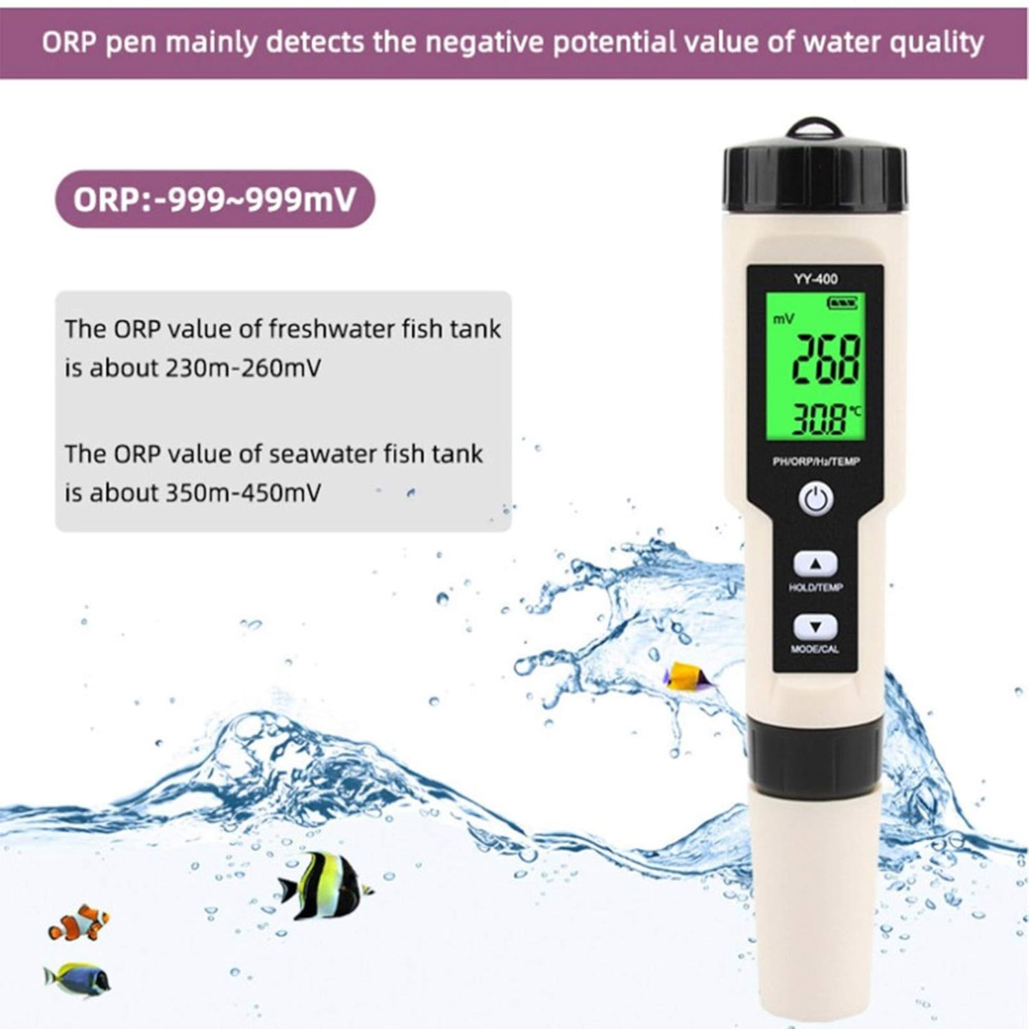 Screenshots of the YY-400 display showing different measurement modes: pH, ORP/mV, H2/ppb, and H2/ppm, all with temperature.