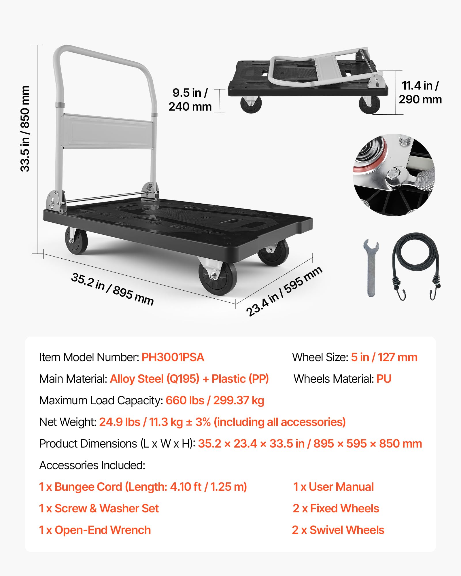 VEVOR Carro Plataforma Plegable 895 x 595 mm, Carretilla de Transporte Carga de 299,37 kg, Carrito Portaequipajes con Plataforma con Ruedas de 127 mm, Asa de Empuje para Tareas Domésticas, Almacén