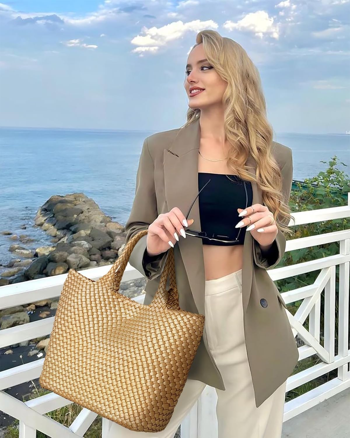 Woven Tote Bag for Women, Fashion Woven Bags for Women Vegan Leather Shoulder Handbags Large Summer Beach Travel Bag - Image 2