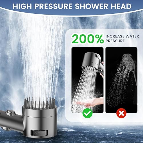 Filtered Shower Head with Handheld, High Pressure 5-Spray Shower Head with Filters for Hard Water, ON/OFF Switch Showerhead for Pets Bath, Shower Heads Filter - Remove Chlorine, Reduce Dry Itchy Skin(Gray)