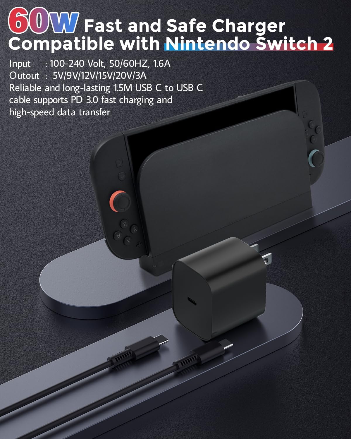 JZW-SHOP 60W Fast Charging Charger Compatible with Nintendo Switch2, Nintendo Switch, Steam Deck- Support TV Mode, 20V 3.0A AC Adapter with 1.5M USB C to C Cable