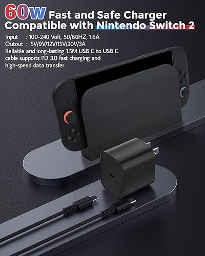 Miniatura 2 de JZW-SHOP 60W Fast Charging Charger Compatible with Nintendo Switch2, Nintendo Switch, Steam Deck- Support TV Mode, 20V 3.0A AC Adapter with 1.5M USB