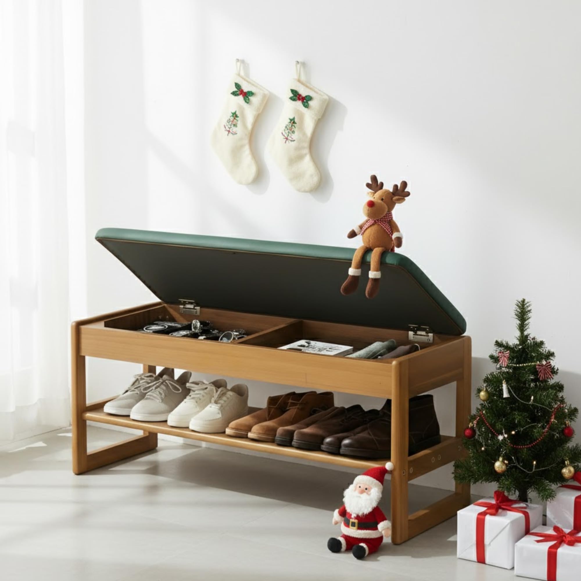 DPWOODON 39.4" Large Size Acacia Wood Entryway Shoe Rack Bench with Cushion, 2-Tier Flip-Top Hidden Storage for Hallway, Living Room (Color Dark Green