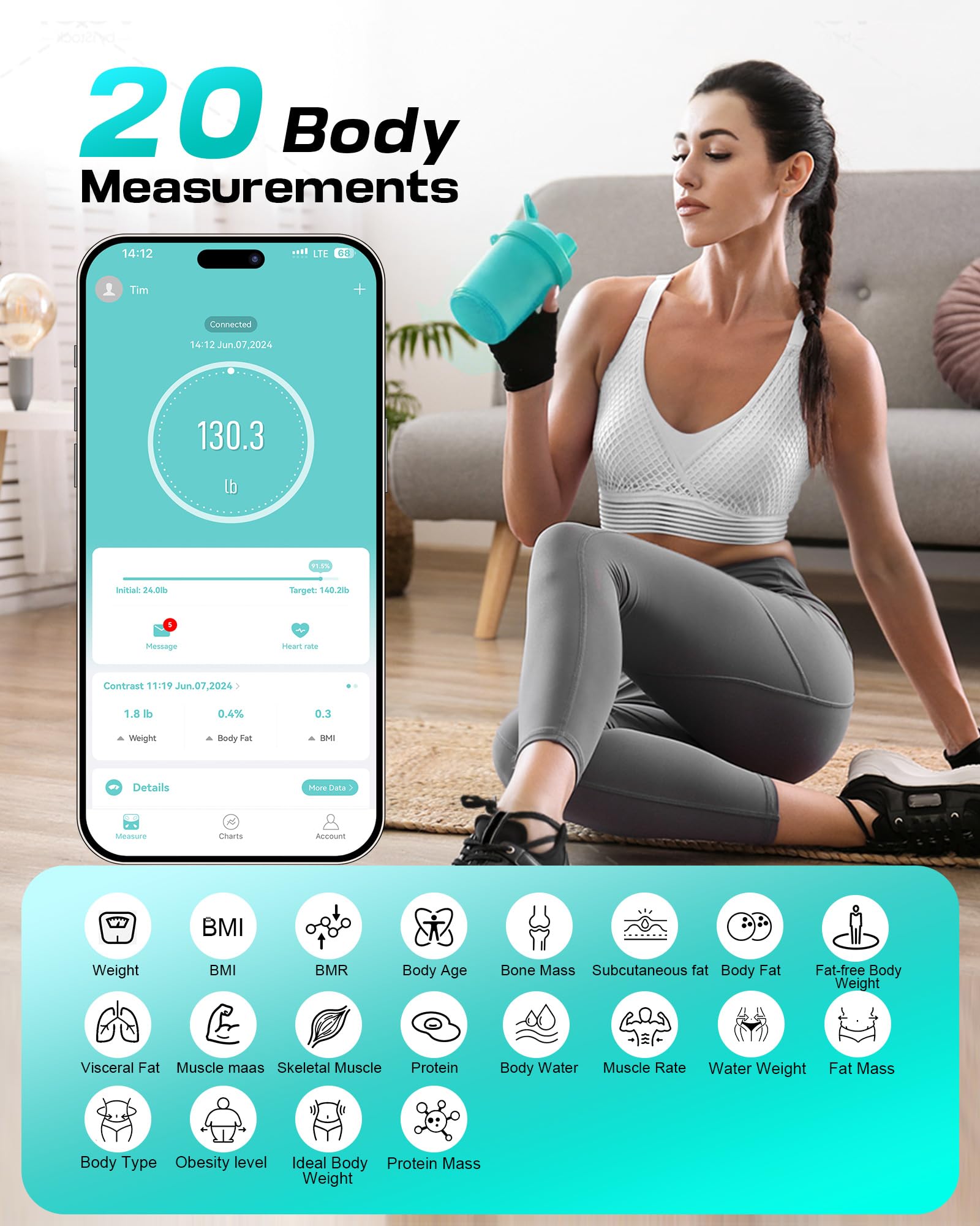 bilancia pesapersone digitale, bilancia impedenziometrica, Fino a 180 kg, bilancia pesapersone professionale, bilancia intelligente di 20 Misurazioni, BMI, Massa Muscolare, Ossea, Proteine,LED Display