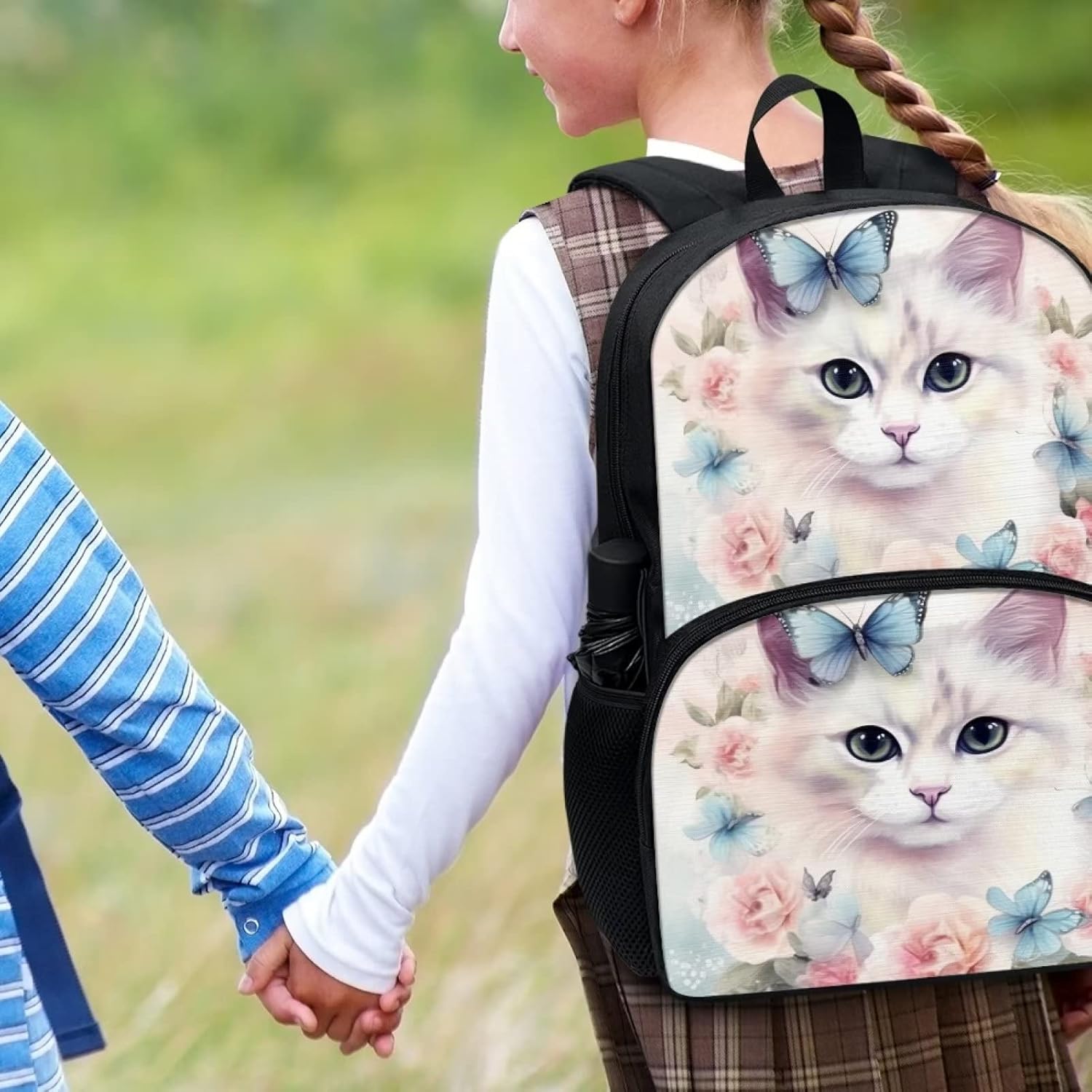 Modysero Cute Floral Cat Print Girls Backpack Adjustable Strap Lightweight Large Capacity School Backpack for Teen Girls Travel Laptop 17 Inch Book Bag with Two Side Bottle Pocket