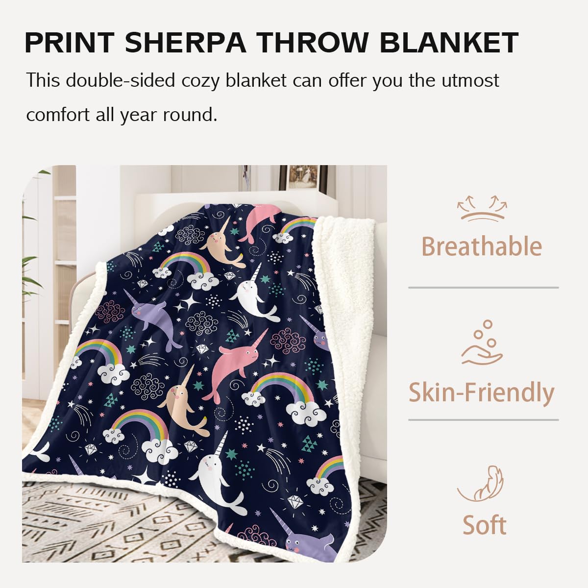 ARIGHTEX Cute Narwhal Soft Blanket Kids Rainbow Dolphin Animal Blanket Girls Cartoon Whale Black Sherpa Fleece Blanket Dolphin Gifts (108 x 90 Inches)