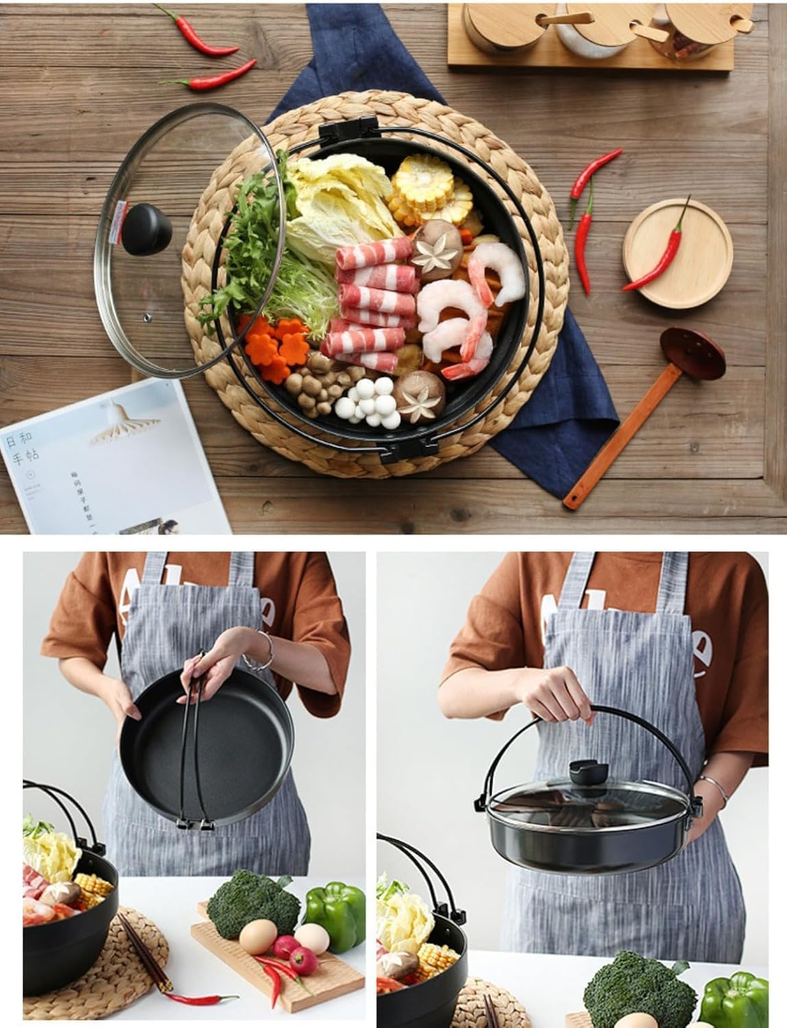 Amazon | すき焼き鍋 南部ツル付黒焼付 直火用 南部鉄器 (26 CM,木蓋金