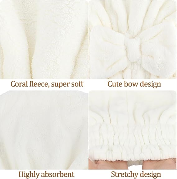 2Pcs Shower Cap Hair Towel Wrap for Women Ultra Absorbent Microfiber Hair Drying Caps with Cute Bow, Soft Plush Hair Towel Wraps for Women Girls (White&Gray)