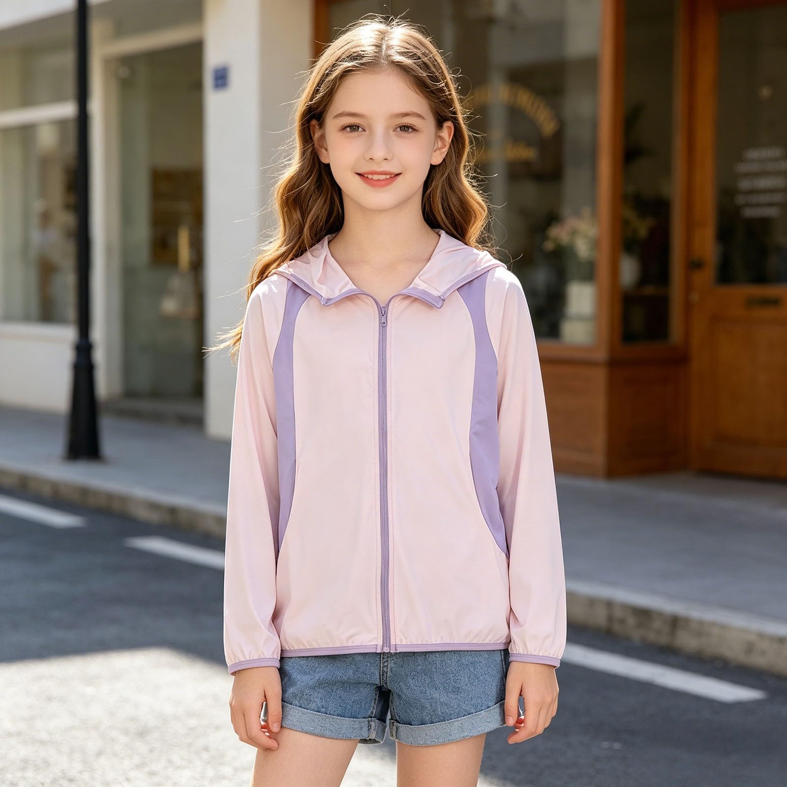 Chaqueta de verano con capucha para niñas, ligera, con cremallera, manga larga, transpirable, suave, para exteriores, playa