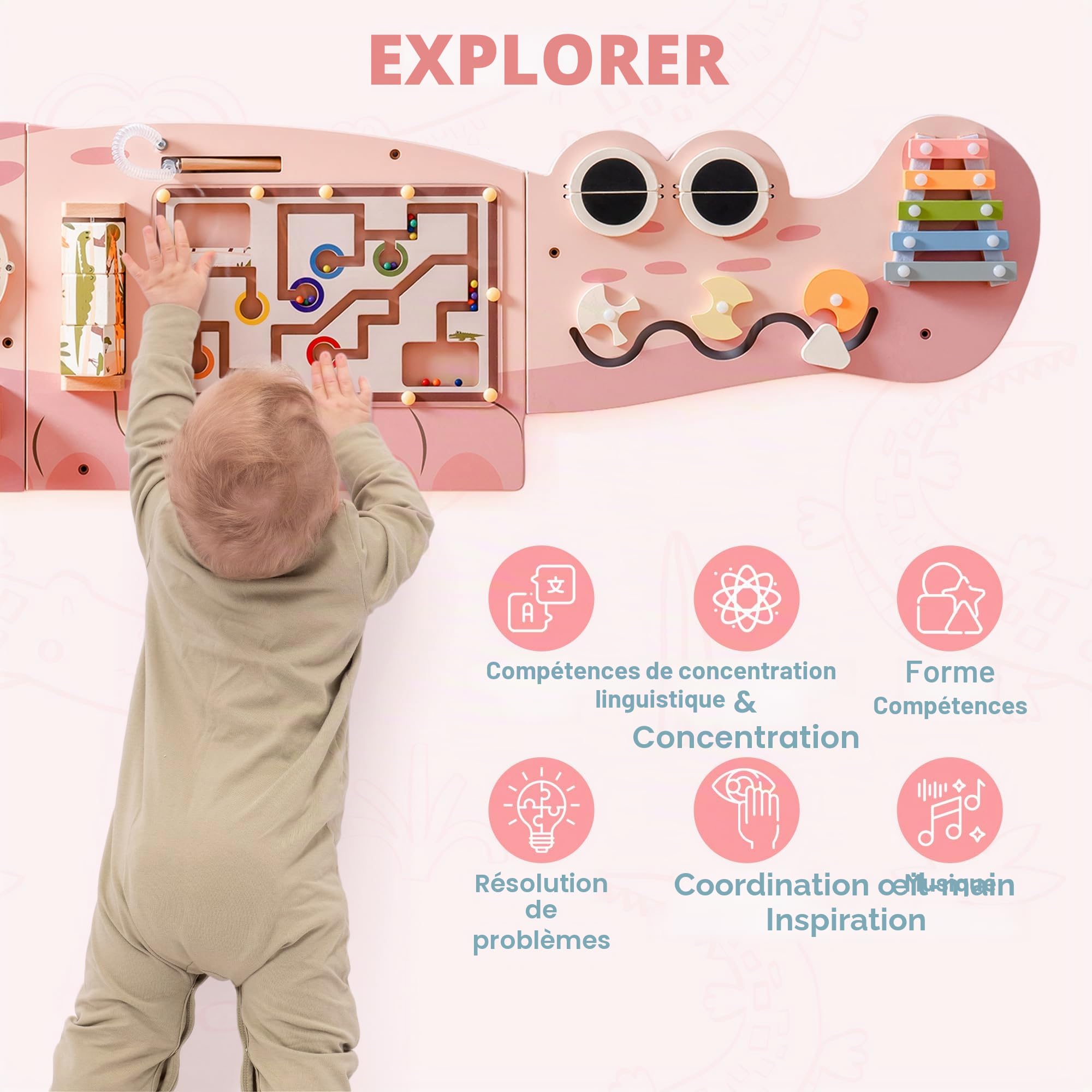 ROBUD Planche d'activités Montessori 8 en 1 Planche murale en bois Labyrinthe de perles magnétiques Xylophone Engrenages Cadeau pour enfants et filles à partir de 3 ans
