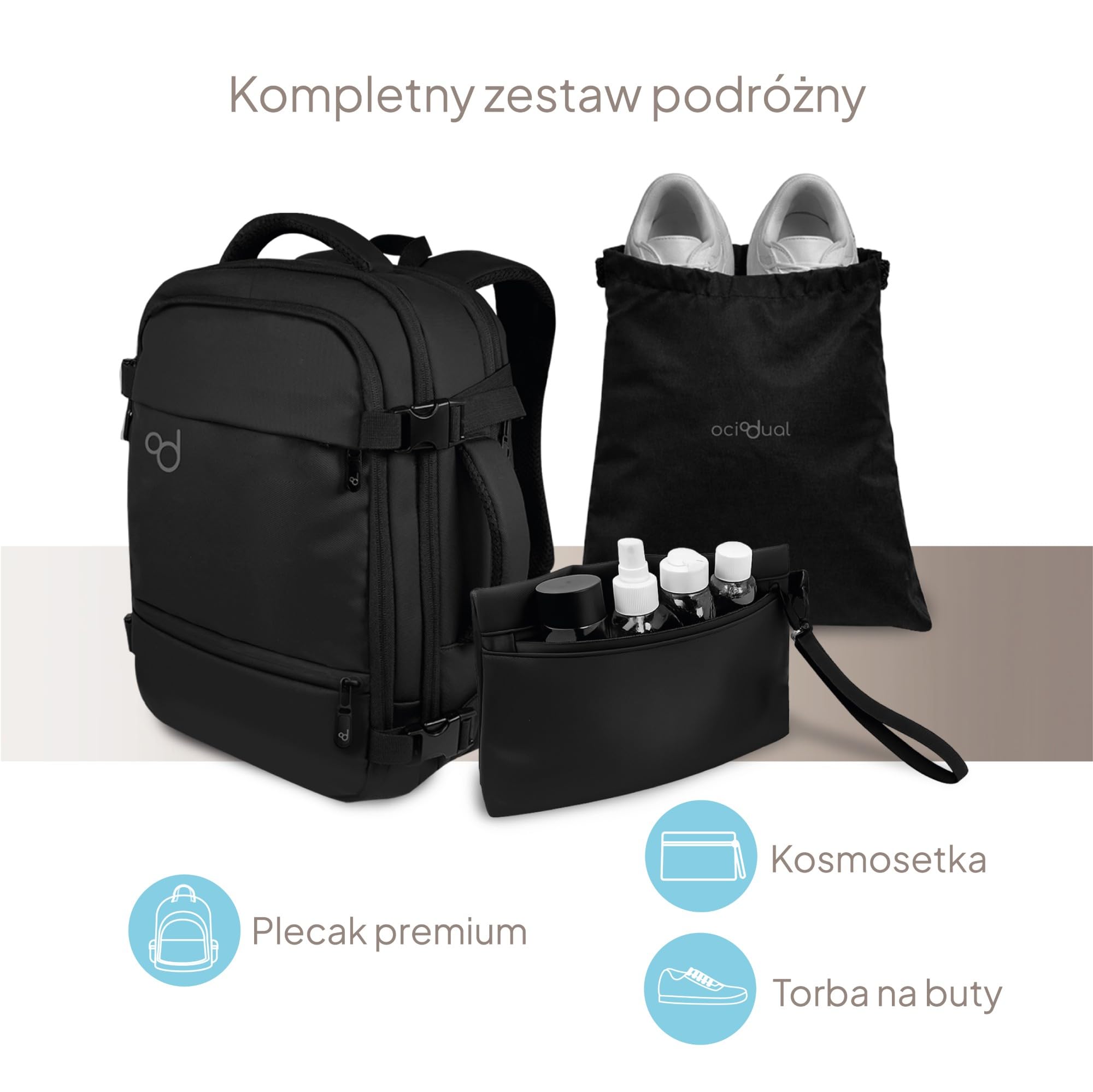 OcioDual Plecak podręczny Ociodual 40 × 30 × 20 cm, rozszerzalny plecak kabinowy, torba kabinowa z przegrodą na laptopa, wieloma kieszeniami i otwarciem 180°, czarny