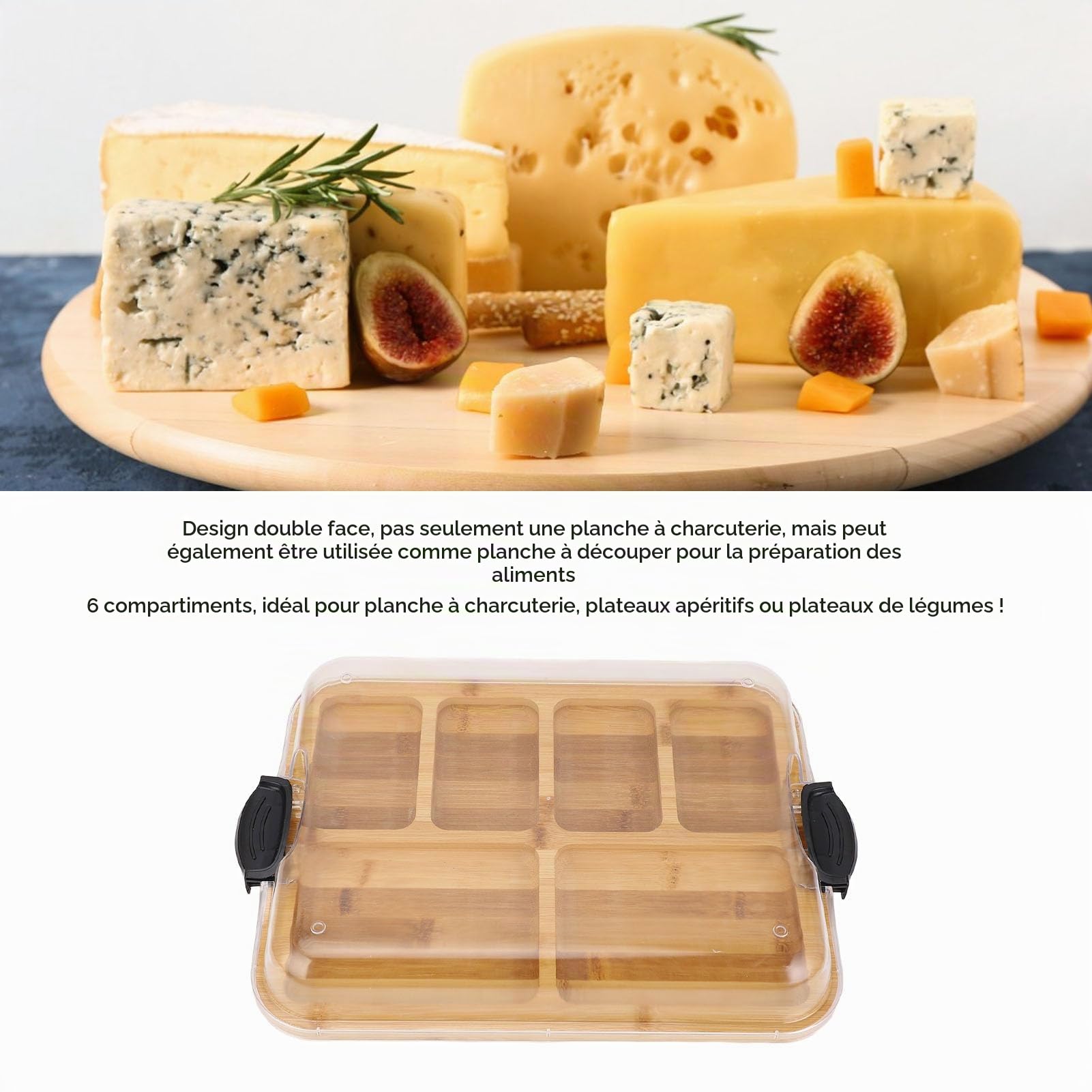 Planches à Charcuterie, Planche à Fromage en Bambou avec Compartiments, Plateau de Charcuterie en Bois et Plateau de Service Alimentaire avec Couvercle Verrouillable Transparent