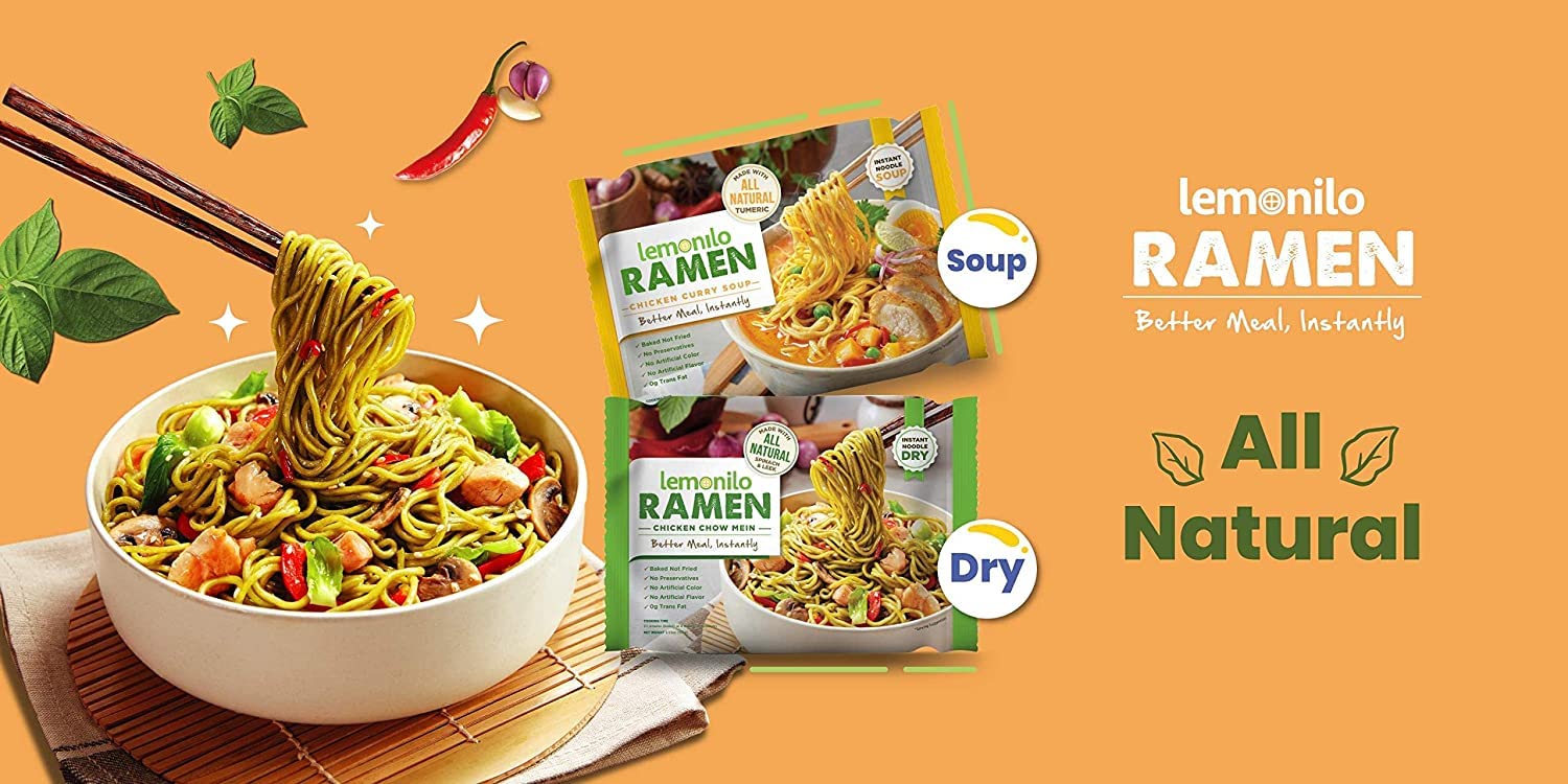 Lemonilo Ramen - Chick'n Curry Soup - Healthy Instant Ramen - Oven-Baked Noodles with Tumeric - Made with All-Natural Ingredients - Quick Meal Kit (2.57 Oz) - Pack of 24