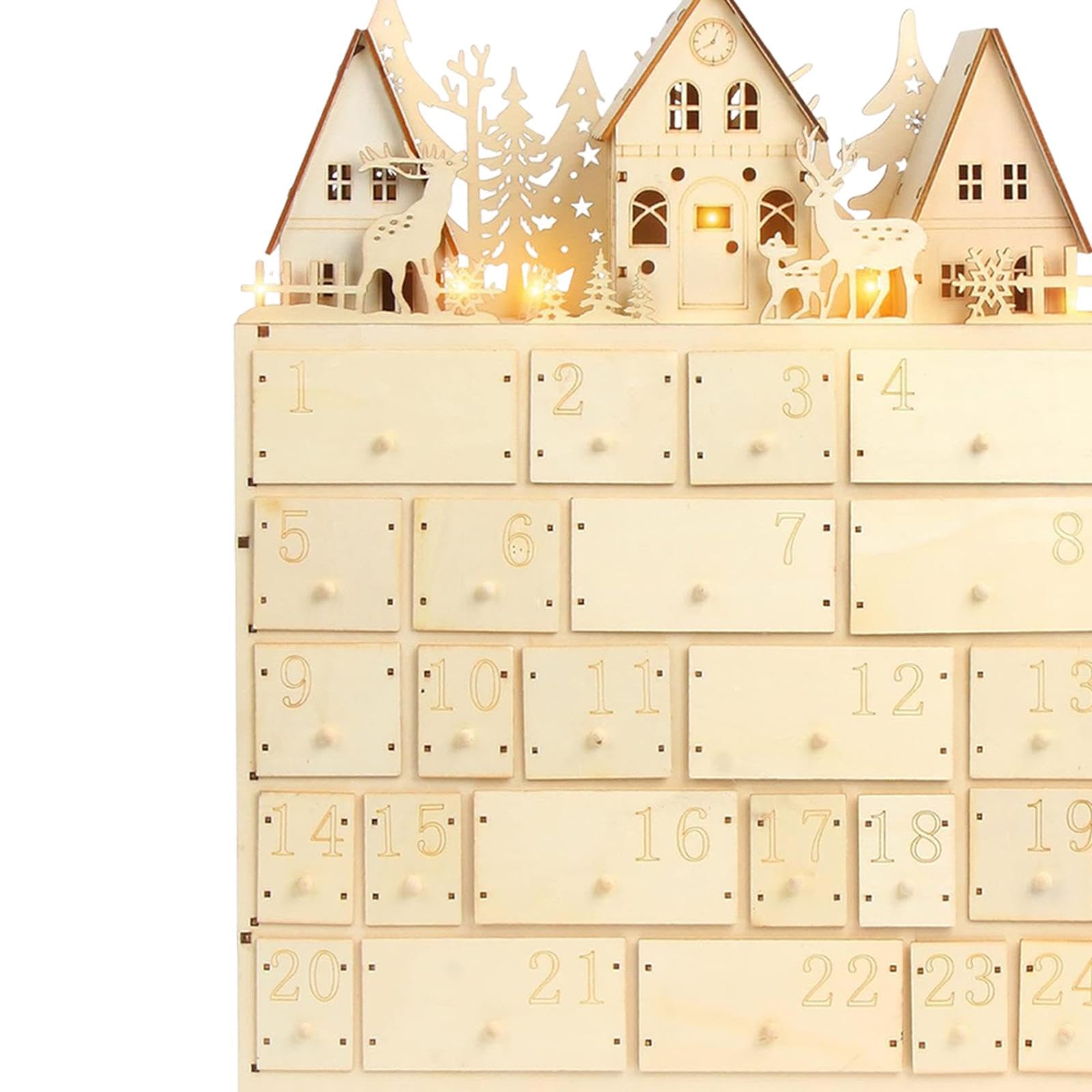 Weihnachts Adventskalender Boxwood mit LED Fächer Holz Kalender Dekoratives Schubladen Ornament Weihnachts für Wohnzimmer Schlafzim