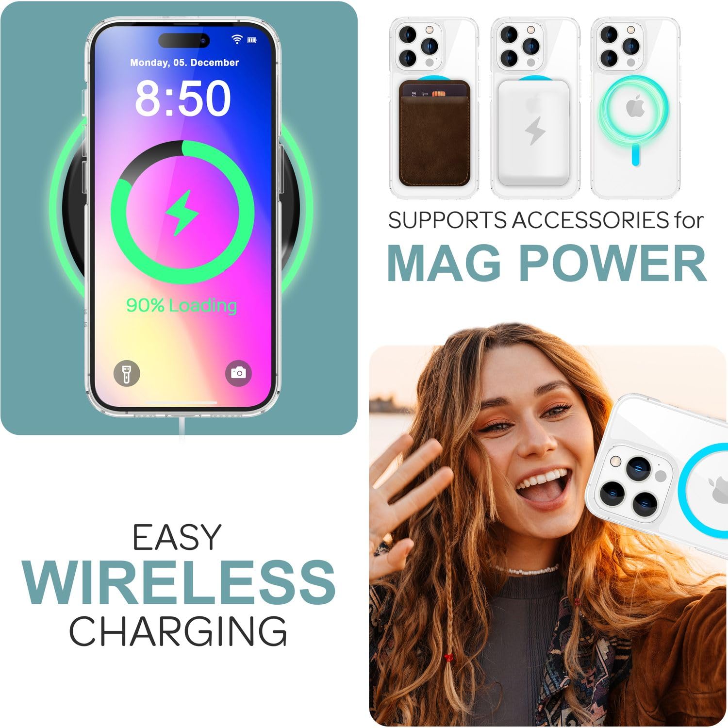 Custodia NALIA MagPower Night-Glow Per IPhone 16 Pro - Cover MagSafe Trasparente Con Anello Magnetico Neon Che Brilla Al Buio, Anti-Giallo E Rigida, Colore Blu - 2