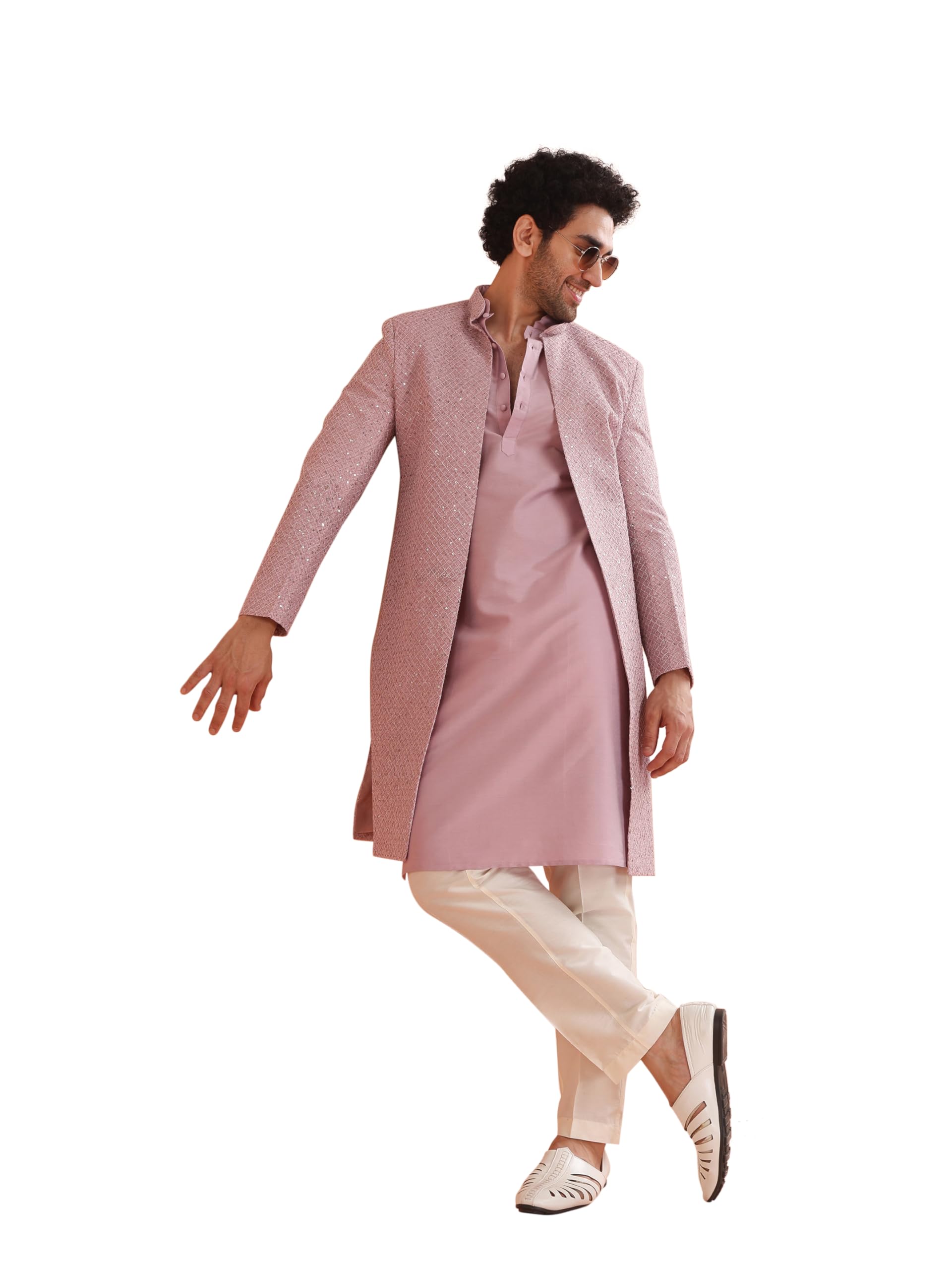 kisah Men Pink Printed Kurta Indowestern Sherwani Trouser Set-picture-23