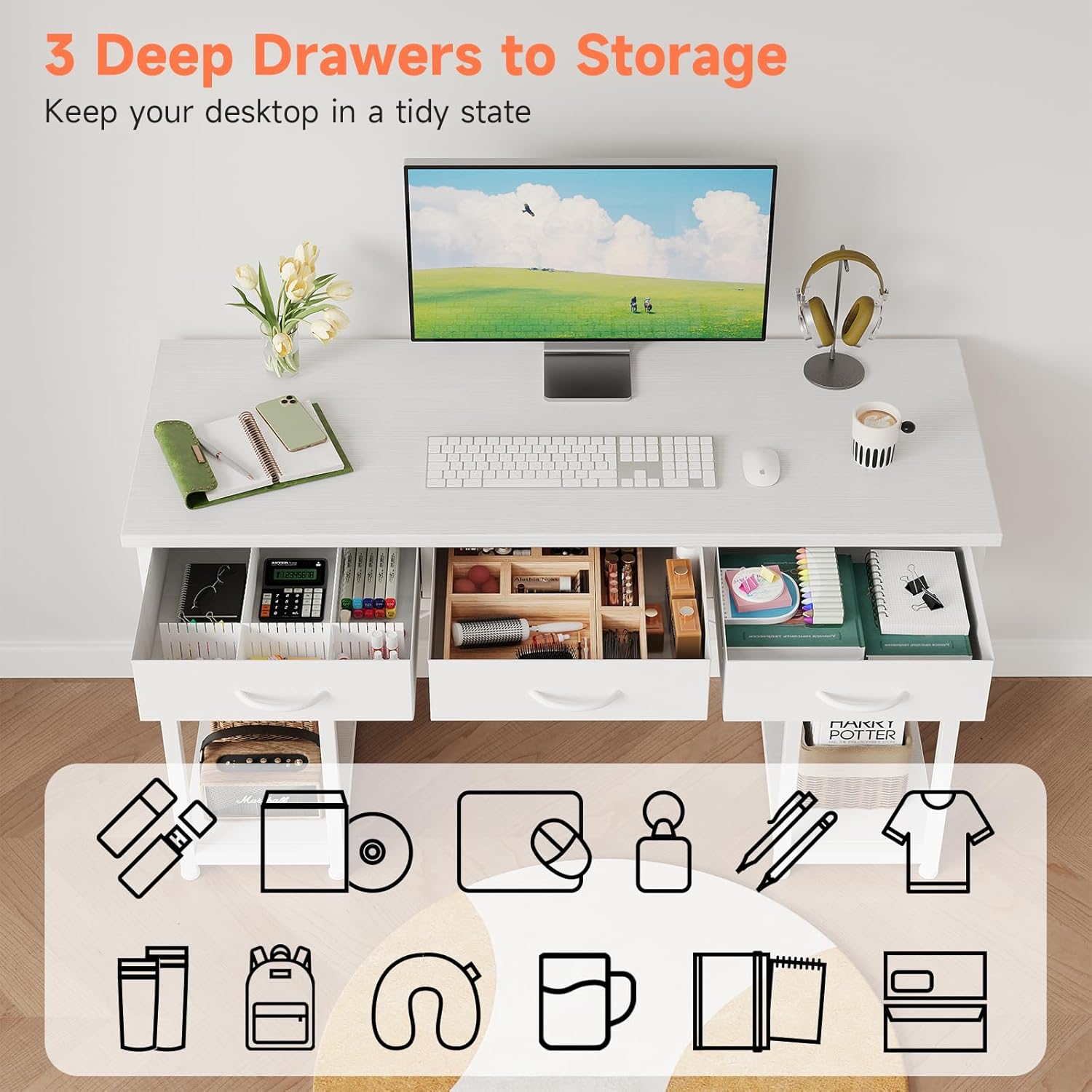 Overhead view of the CAIYUN desk with three fabric drawers pulled out, revealing various office supplies and books neatly organized inside.