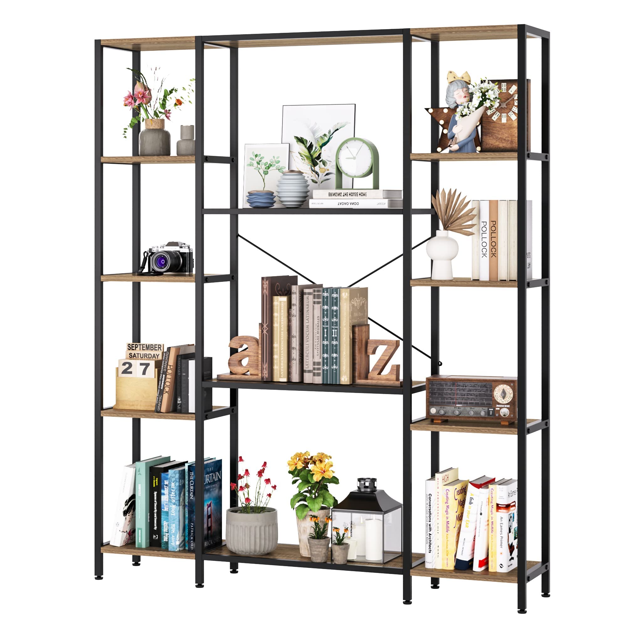 Triple Wide 5Shelf Bookcase, Industrial Open Shelf Etagere, Industrial