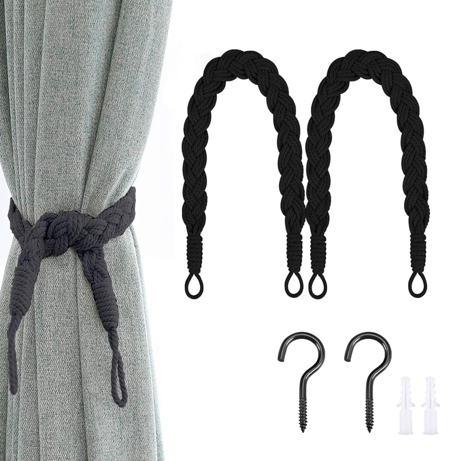 Exquisite Black Curtain Tie Backs - 2 Pcs With 2 Hooks, Hand Woven for Home Hotel, Office, Cafe