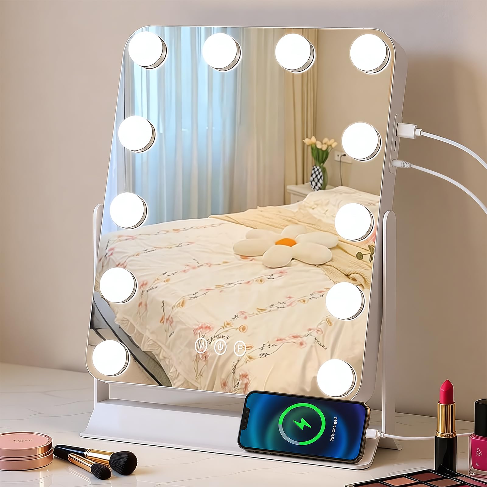 Tuocal Hollywood Vanity Mirror with Lights, 31×48cm Lighted Makeup Mirror with 12 Dimmable Led Bulbs, 3 Lighting Modes, 360° Rotation USB and Type-C Output Port Smart Touch Screen Control for Bedroom