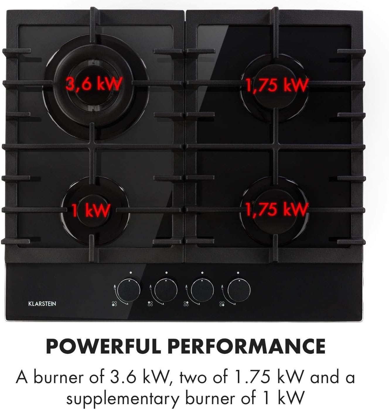 Klarstein Ignito 4-Zone Gas Hob - 4 Burners Made of Glass Ceramic, New Edition, Self-Sufficient, 60 cm, Sabaf Burner, Natural Gas/Propane Gas, Safe with Automatic Shut-Off, Black