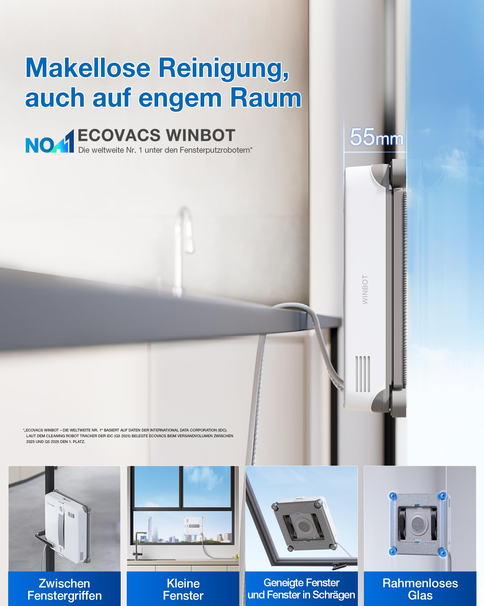 ECOVACS WINBOT Mini 2 Fensterputzroboter mit Eckbürsten & Ultraschallzerstäubung, Ultraschlank & Leicht für Schmale Fenster, Smarte Navigation, 6 App-Modi, 10-Stufiges Sicherheitssystem