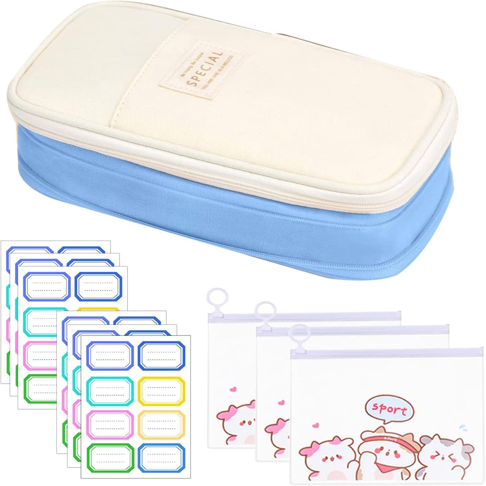 Yoawllty Pencil Case, Large Pencil Pouch for Girls and Boys Portable Pencil Case for School Office with 3 Transparent Pencil Bag and Name Stickers