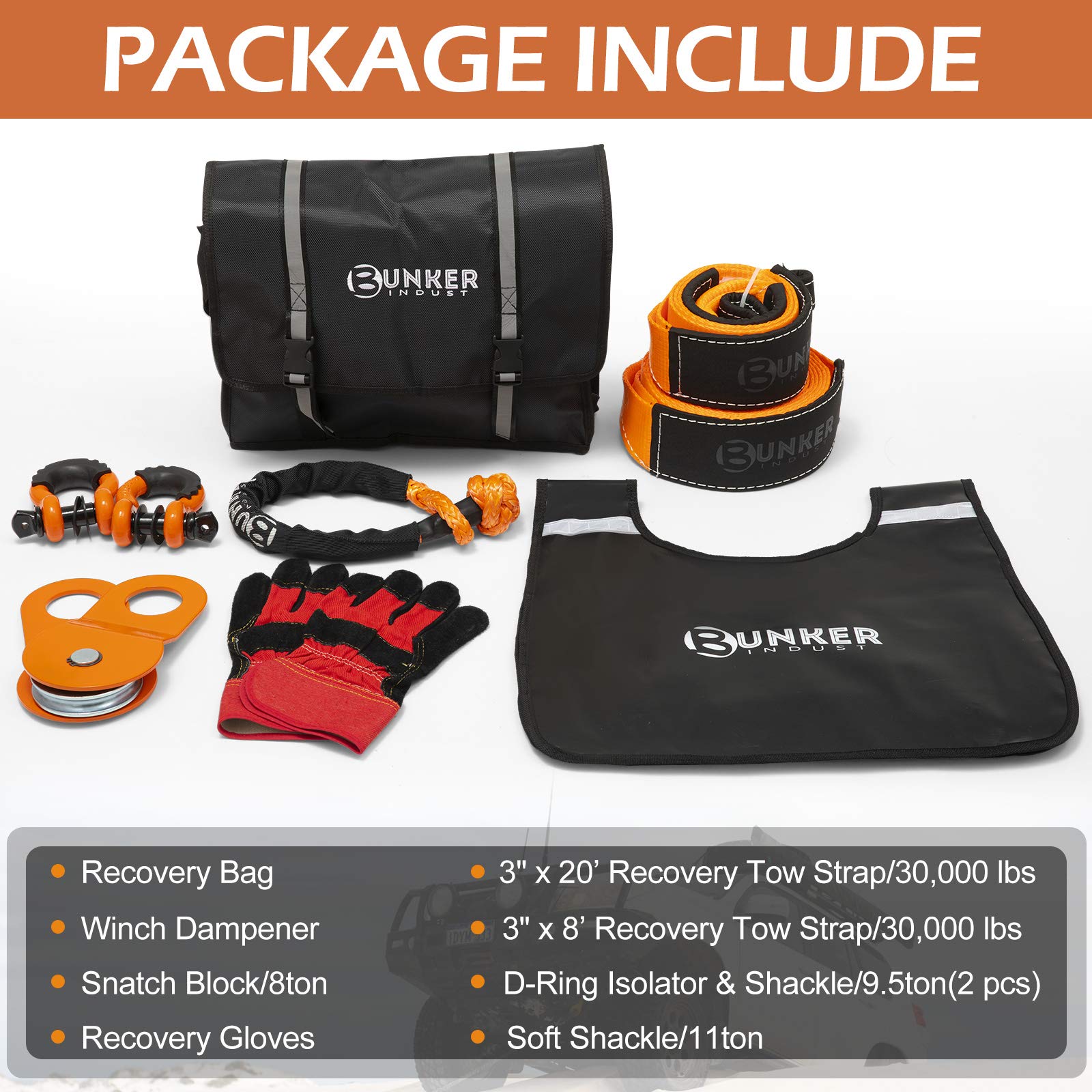 BUNKER INDUST Heavy Duty Recovery Strap Kit, 20'+8' Tow Strap + Winch